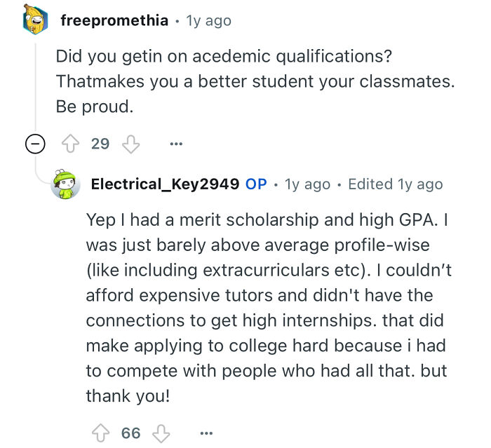 Screenshot of an online conversation where a person studied in a prestigious private school shares insights on academic qualifications and challenges.