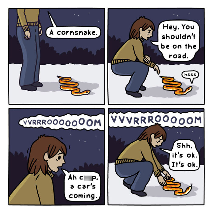 Woman driving at night through a forest road in a comic panel from playful nature and wildlife artwork series.