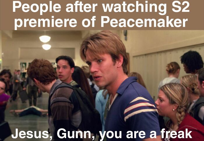 Crowd scene meme reacting after Peacemaker S2 premiere, showcasing hilarious Marvel memes with fan expressions and dialogue.