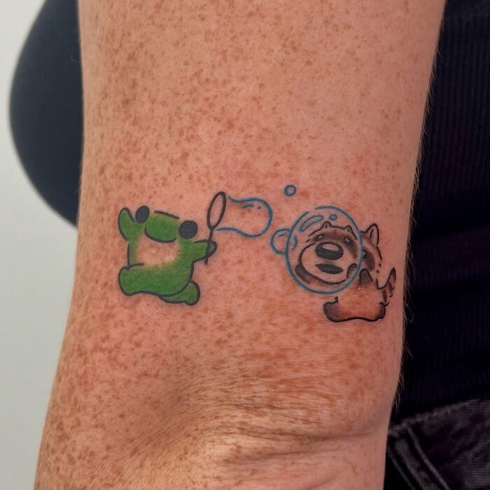 Cute adorable frog and animal tattoos by Korean artist Buoy shown on freckled skin in vibrant color.