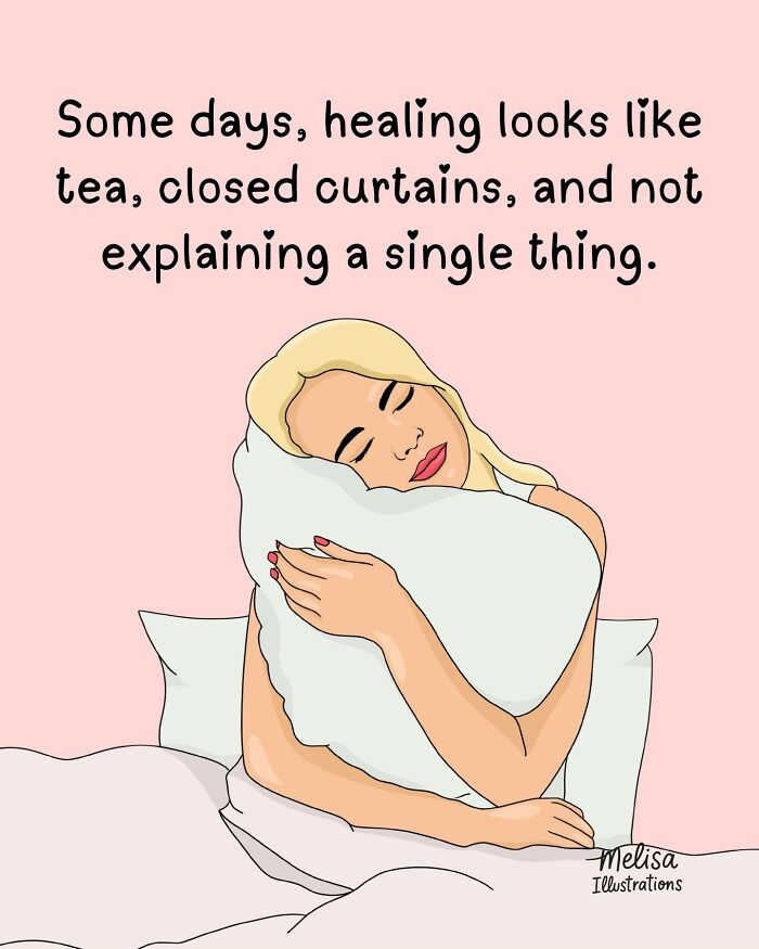 Illustration of a woman hugging a pillow, symbolizing healing and self-care in empowering illustrations for women.