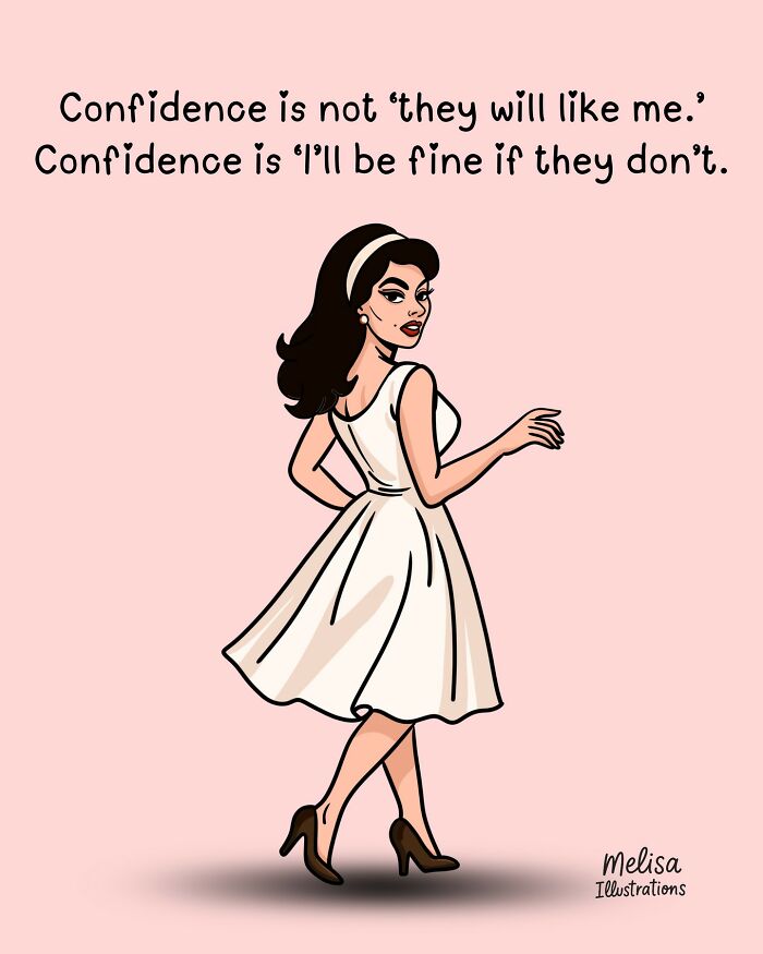 Illustration of a confident woman in a white dress with empowering message about confidence and women’s power.