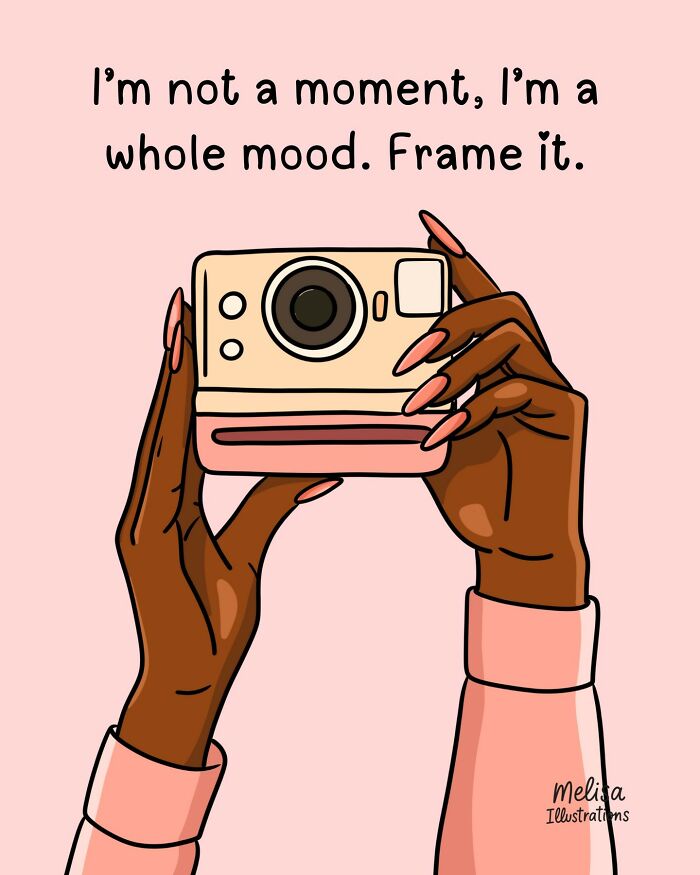Illustration of empowering woman holding a camera with long nails, symbolizing confidence and female power.