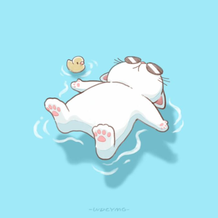 Cute cat illustration of a white cat wearing sunglasses floating on water with a small yellow rubber duck nearby.
