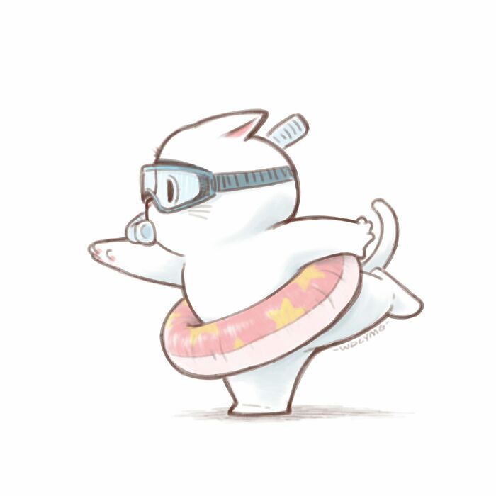 Cute cat illustration wearing goggles, a snorkel, and a star-patterned swim ring in a playful pose.