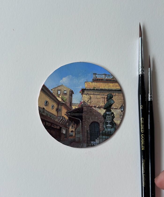 Miniature detailed painting by Dina Brodsky showing an architectural scene with sunlight against a clear natural sky.