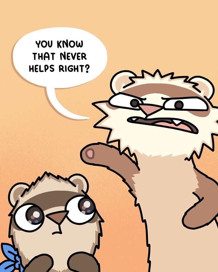Cartoon ferret from artist documents living with two ferrets and a cat, speaking about staring at a phone.
