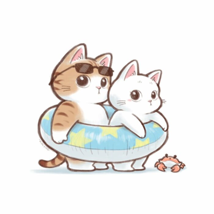 Two irresistibly cute cat illustrations with a swim ring and sunglasses standing next to a small crab.