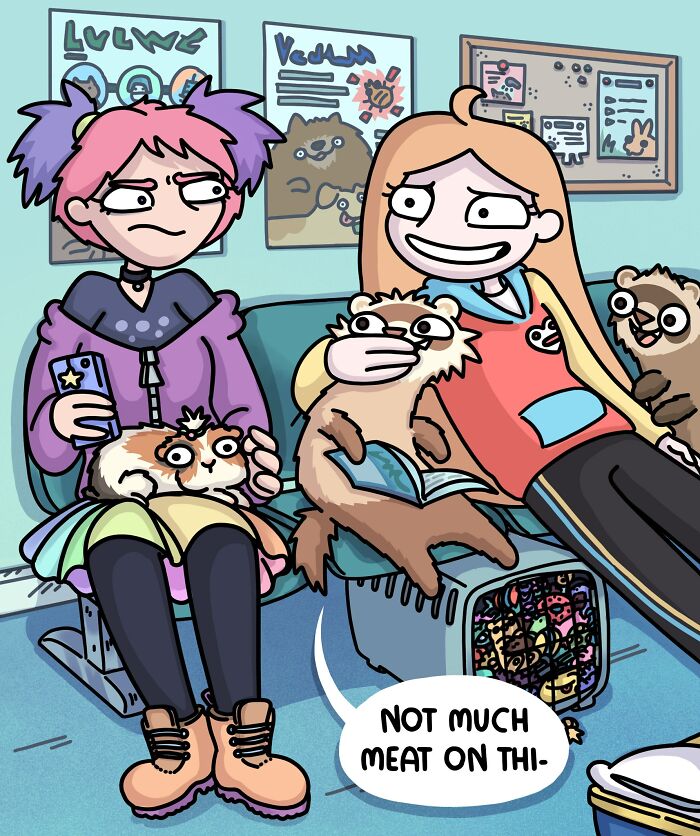 Artist with two playful ferrets and a cat in a colorful cartoon-style illustration at home.