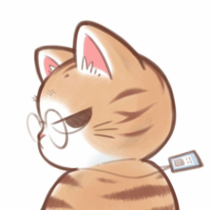Cute cat illustration of a brown striped cat wearing glasses with a playful expression in a digital art style.