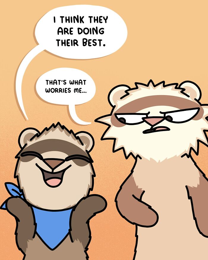Cartoon ferret from artist documents living with two ferrets and a cat, speaking about staring at a phone.