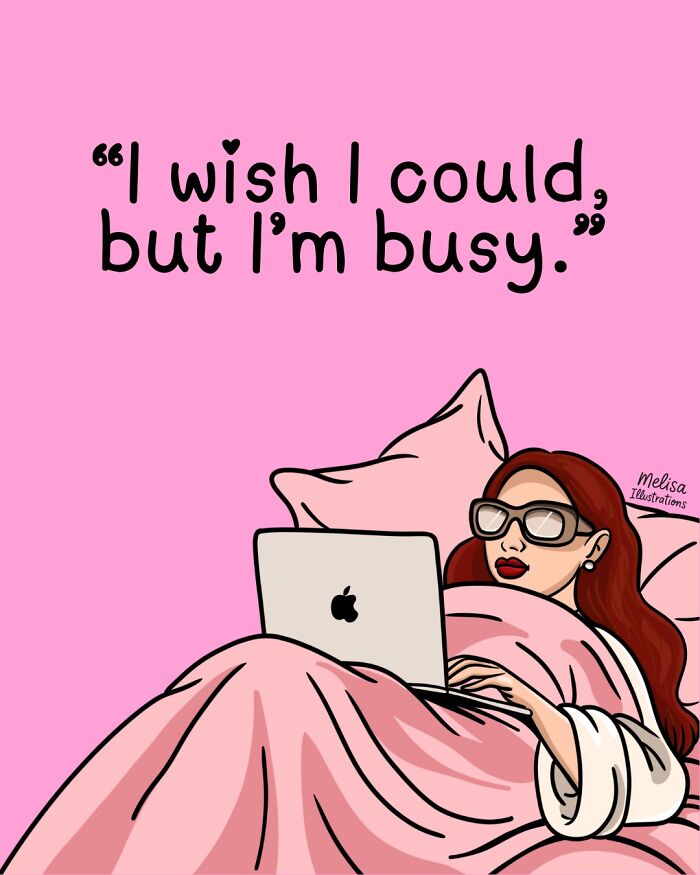 Woman relaxing in bed working on laptop with empowering illustrations reminding women how powerful they truly are.