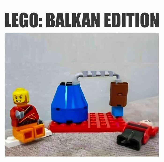 Lego Balkan edition with custom Balkan-themed figures and setup, reflecting humor only people raised in Eastern Europe get.