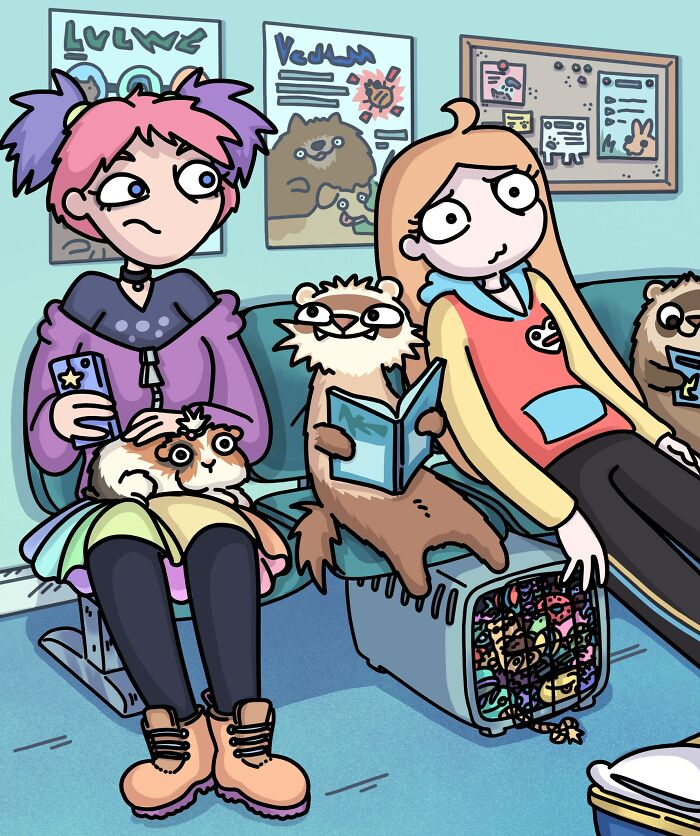 Artist with two playful ferrets and a cat in a colorful cartoon-style illustration at home.