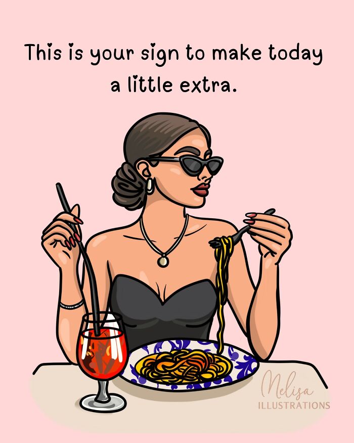 Stylish woman wearing sunglasses eating pasta with wine, an empowering illustration reminding women how powerful they are.
