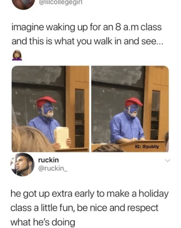 College professor with face painted blue and red hat, making a wholesome post to bring fun to an early class session.