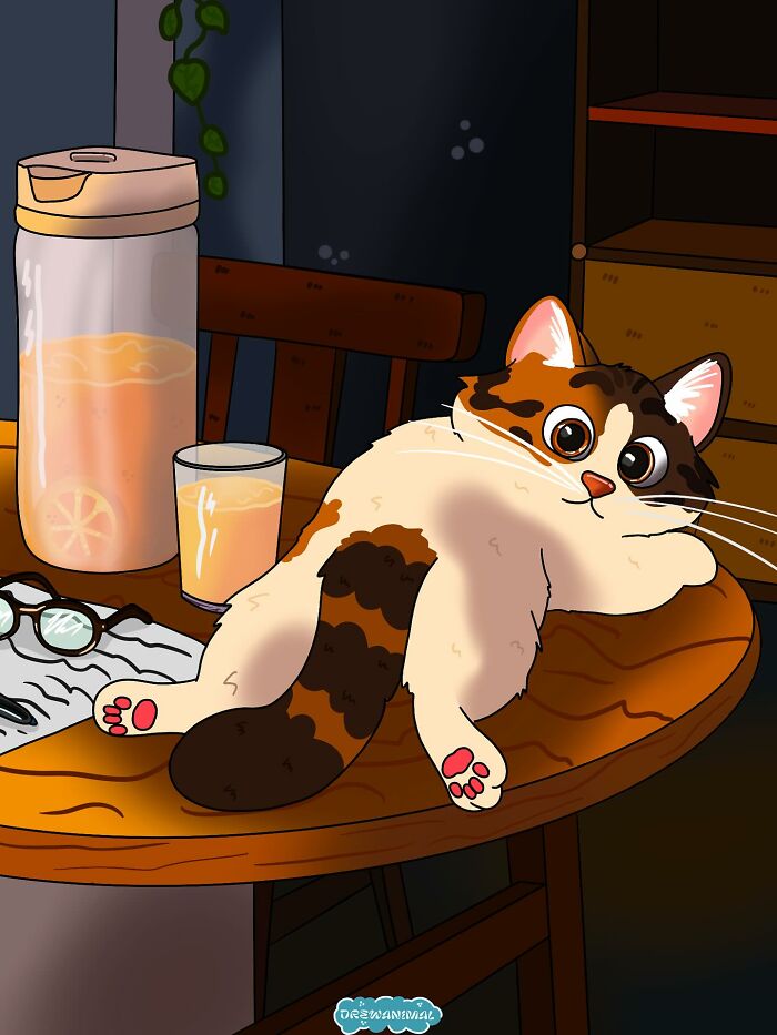 Funny art of a viral cat moment showing a chubby cat lounging on a wooden table next to juice and glasses.