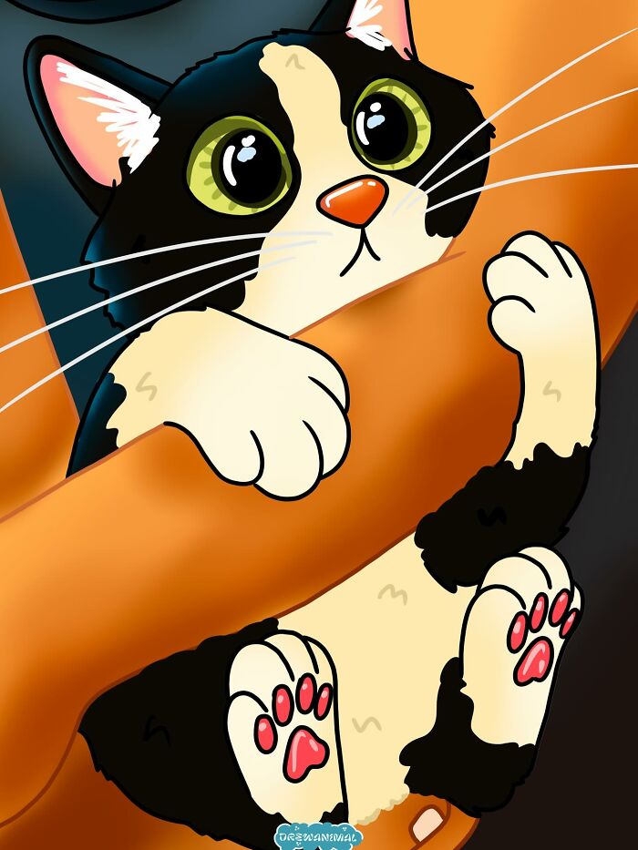 Cartoon of a viral cat moment showing a wide-eyed black and white cat hanging onto an orange chair.