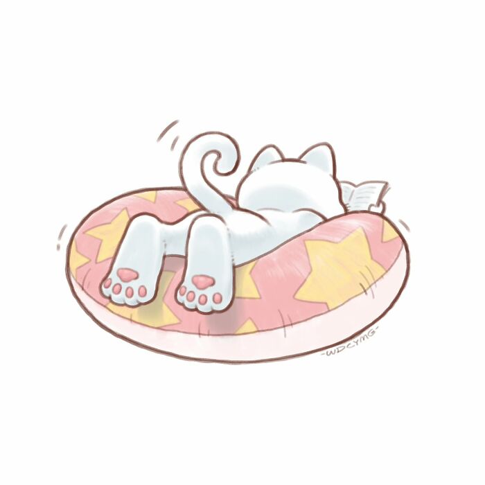 White cat illustration lying on a pink star-patterned cushion, showcasing irresistibly cute cat illustrations style.