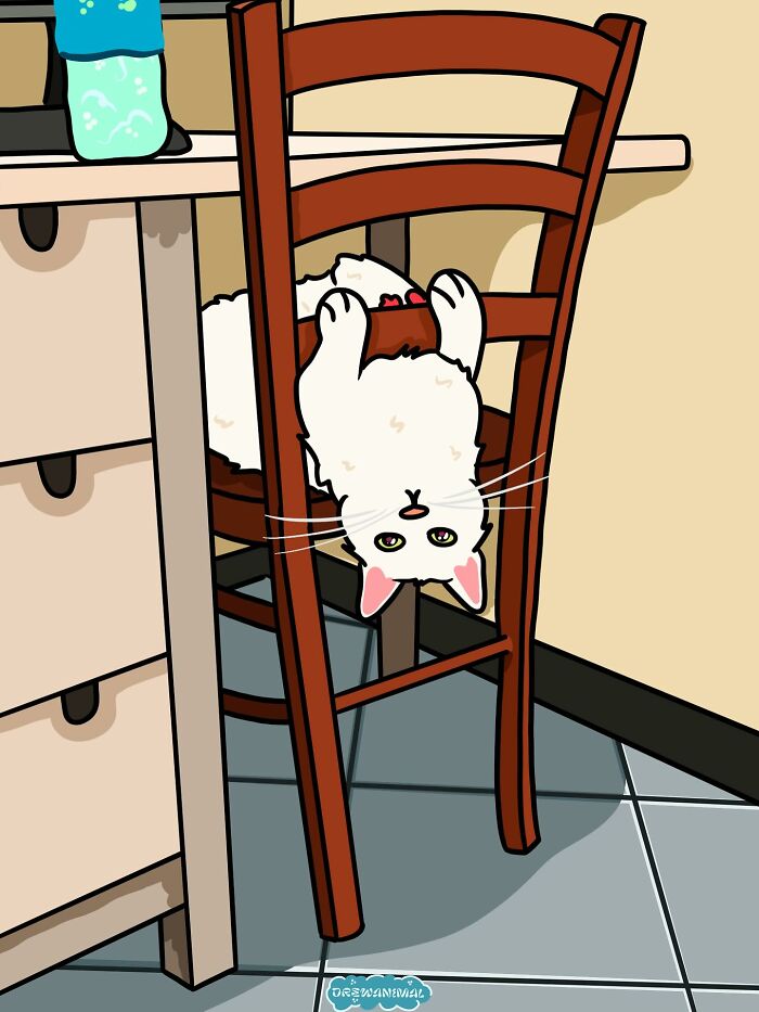 Illustration of a white cat hanging upside down on a wooden chair, representing viral cat moments in funny art.