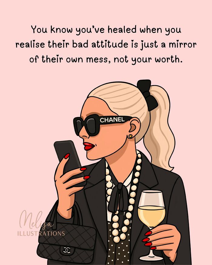 Stylish woman with bold accessories and red nails holding wine and phone, empowering illustration reminding women of their power.