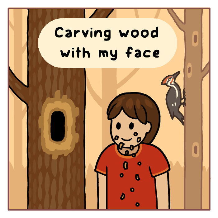 Cartoon showing a person flying with birds, illustrating playful comics about funny nature and wildlife moments.