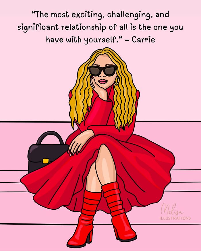 Illustration of a confident woman in red outfit and boots with sunglasses, symbolizing empowering women and self-strength.