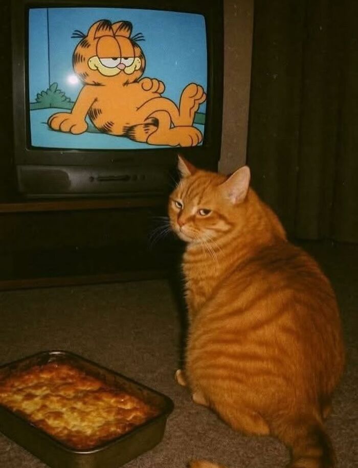 Gato naranja mirando un televisor con imagen de gato animado, mostrando comportamiento caótico de gatos reales.