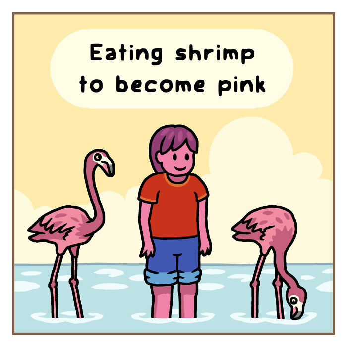 Cartoon showing a person flying with birds, illustrating playful comics about funny nature and wildlife moments.