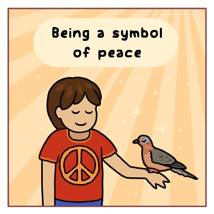 Cartoon showing a person flying with birds, illustrating playful comics about funny nature and wildlife moments.