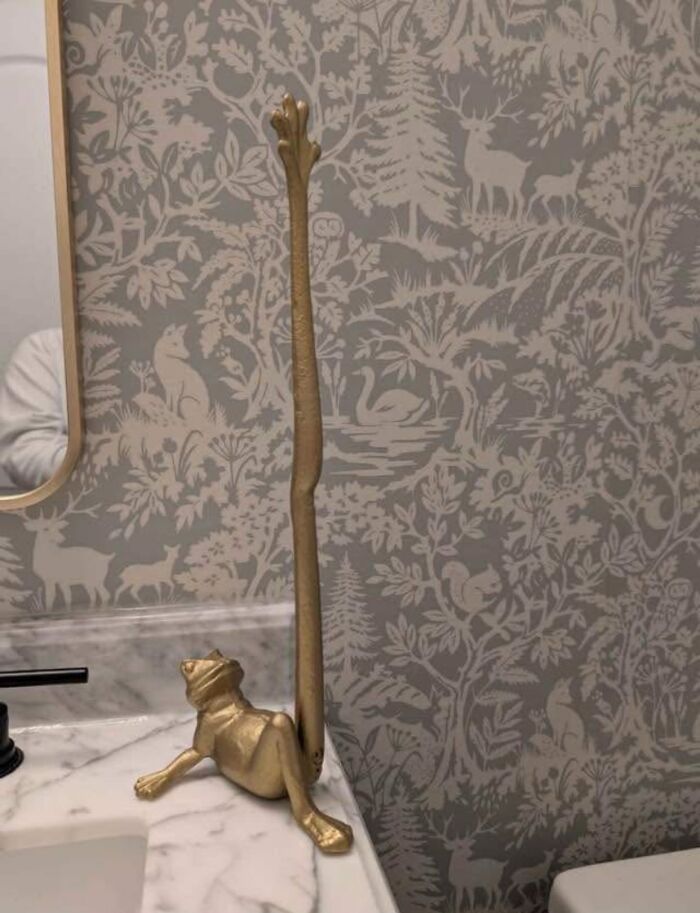 Gold frog figurine with an elongated leg on a bathroom counter, showcasing one of the weirdest purchases people would make.