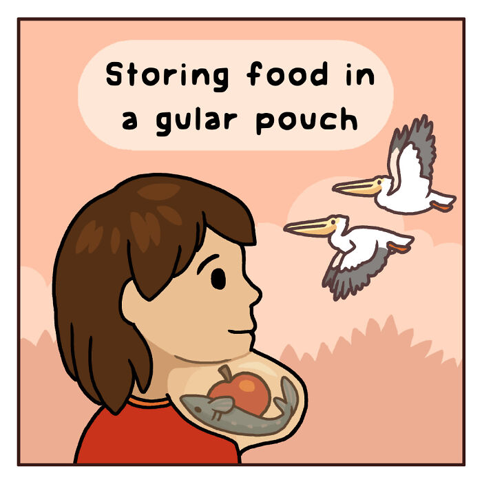 Cartoon showing a person flying with birds, illustrating playful comics about funny nature and wildlife moments.