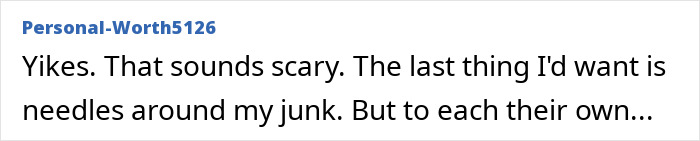 User comment expressing concern and fear about scrotox, a rising cosmetic trend involving needles around sensitive areas.