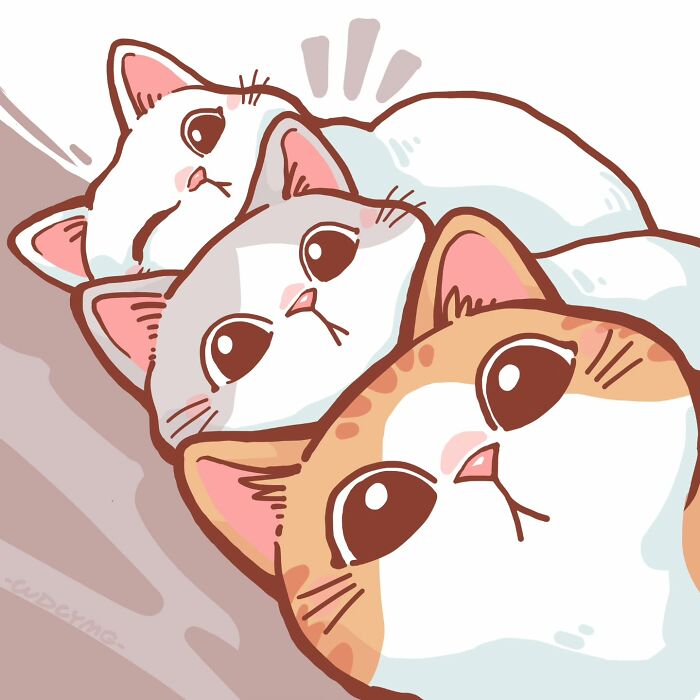 Three irresistibly cute cat illustrations with big eyes and soft colors, creating a charming and smile-inducing scene.