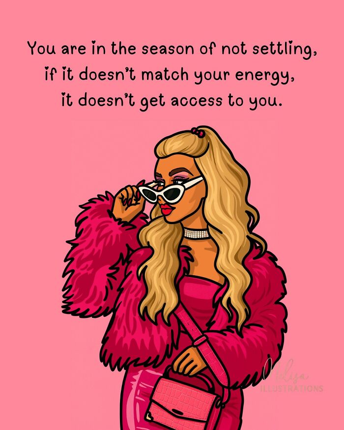 Illustration of a confident woman in a pink outfit with empowering message emphasizing women's power and self-worth.