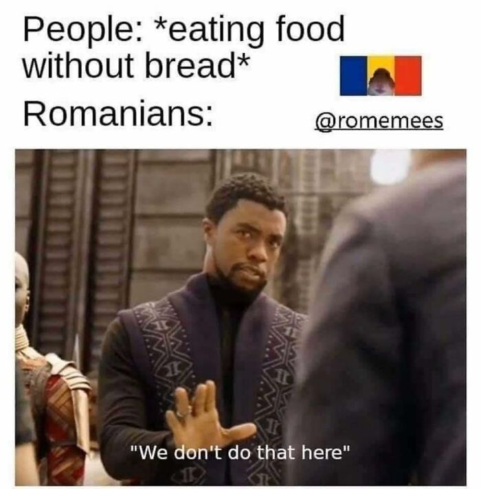 Meme showing cultural humor about eating food with bread, relatable to people raised in Eastern Europe.