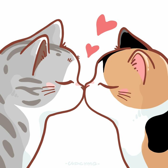 Two cute cat illustrations touching noses with pink hearts above them, capturing adorable cat charm.