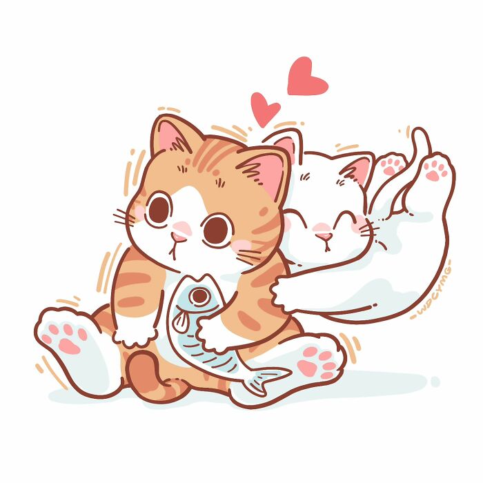 Cute cat illustrations of two playful kittens, one holding a fish and the other hugging with hearts above them.