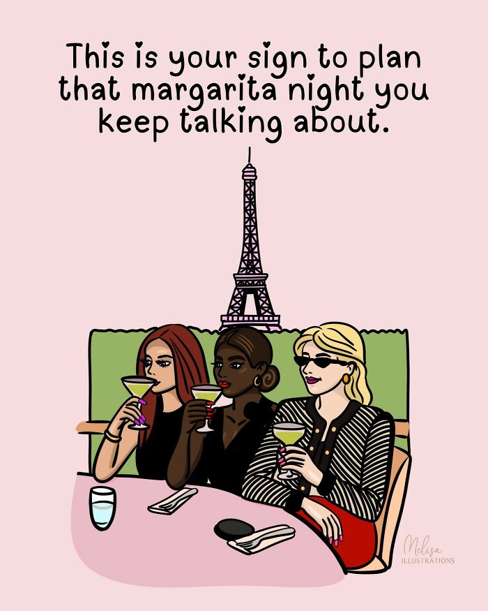 Three diverse women enjoying margaritas at a table with Eiffel Tower background in empowering illustrations for women.