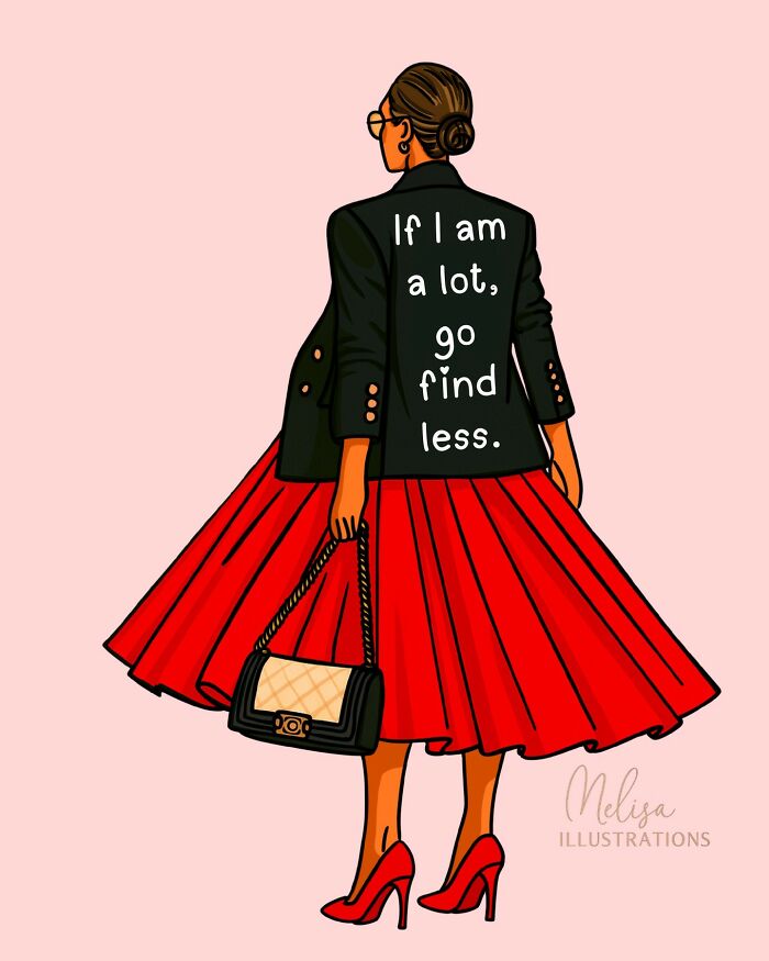 Illustration of a confident woman in a red skirt and heels, symbolizing empowering illustrations for women.