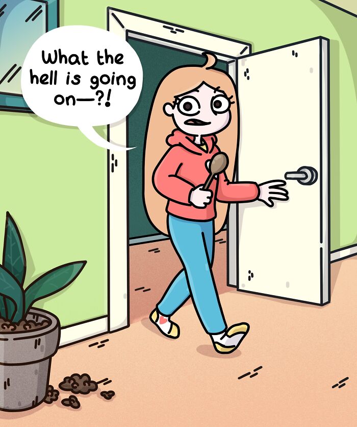 Cartoon ferret using stethoscope on a plant with speech bubble about plant crashing, living with ferrets and a cat.