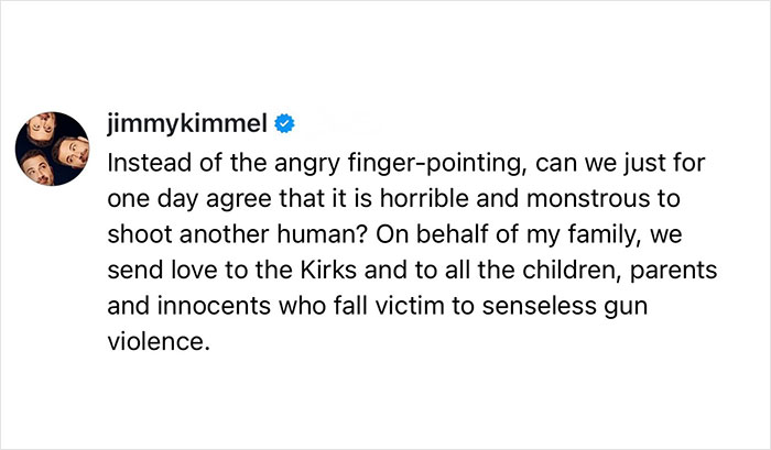 Jimmy Kimmel’s Instagram post condemning gun violence and expressing sympathy for the Kirk family victims. Jimmy Kimmel’s Instagram post condemning gun violence and expressing sympathy for the Kirk family victims.