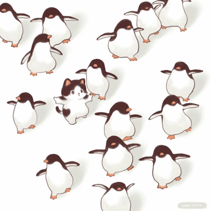 Cute cat illustration blending in with a group of adorable penguin illustrations on a white background.