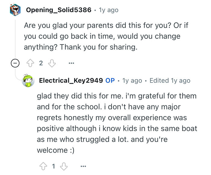 Reddit conversation with a person studied in a prestigious private school sharing their positive experience and gratitude.