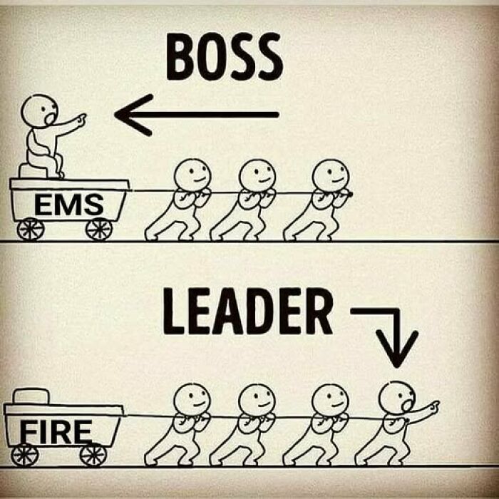 Cartoon comparing boss vs leader roles in EMS and fire teams, highlighting teamwork in EMT and paramedic work culture.
