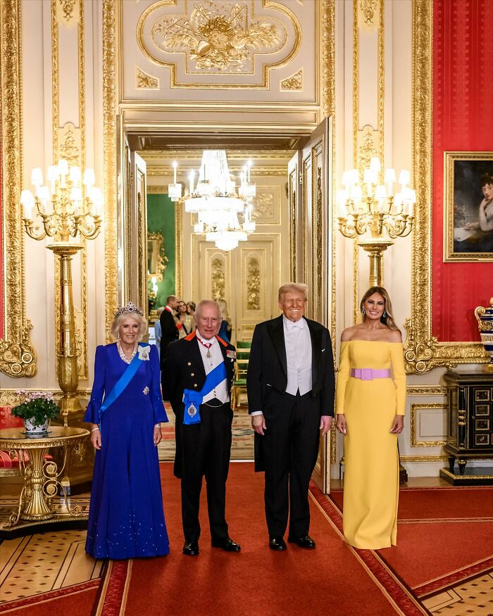 King Charles and Donald Trump at a state visit, showing subtle body language signs of impatience in a royal setting.