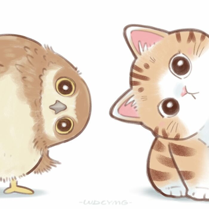 Cute cat illustrations with big eyes next to an adorably drawn owl on a white background.