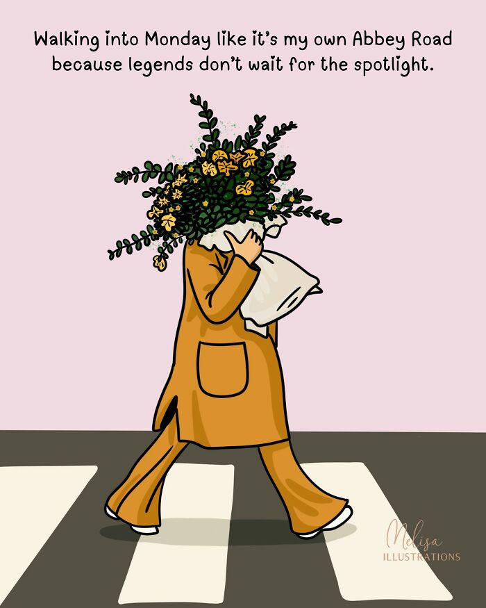 Woman walking confidently on a crosswalk with flowers as a head, symbolizing empowering illustrations for women’s strength.