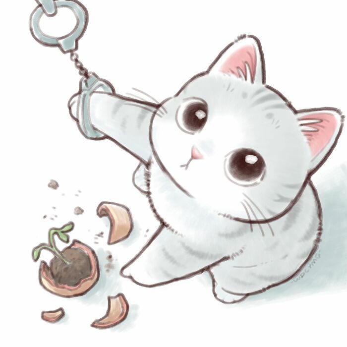 Cute cat illustration with big eyes holding a handcuff, sitting next to a broken flower pot and sprout plant.