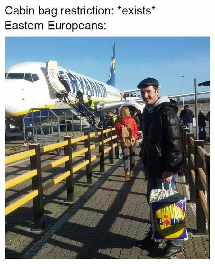 Man at airport boarding Ryanair plane holding a large Lidl bag, illustrating Eastern Europe humor around cabin bag restrictions.